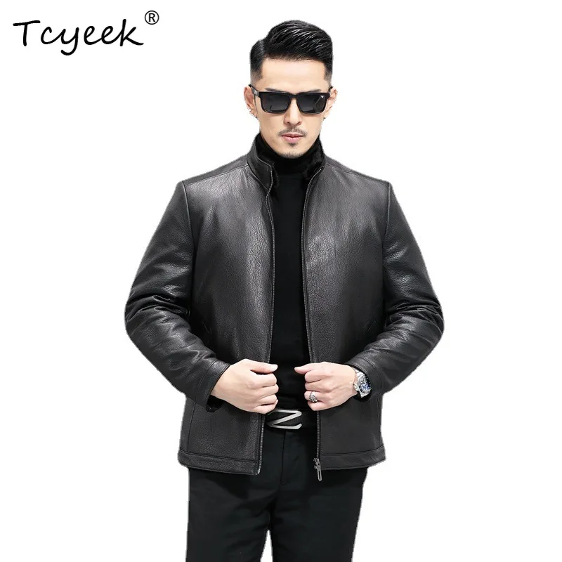 

Tcyeek Real Top Layer Goatskin Autumn Winter Trendy Detachable Down Liner Stand Up Collar Men's Genuine Leather Jacket 가죽자켓