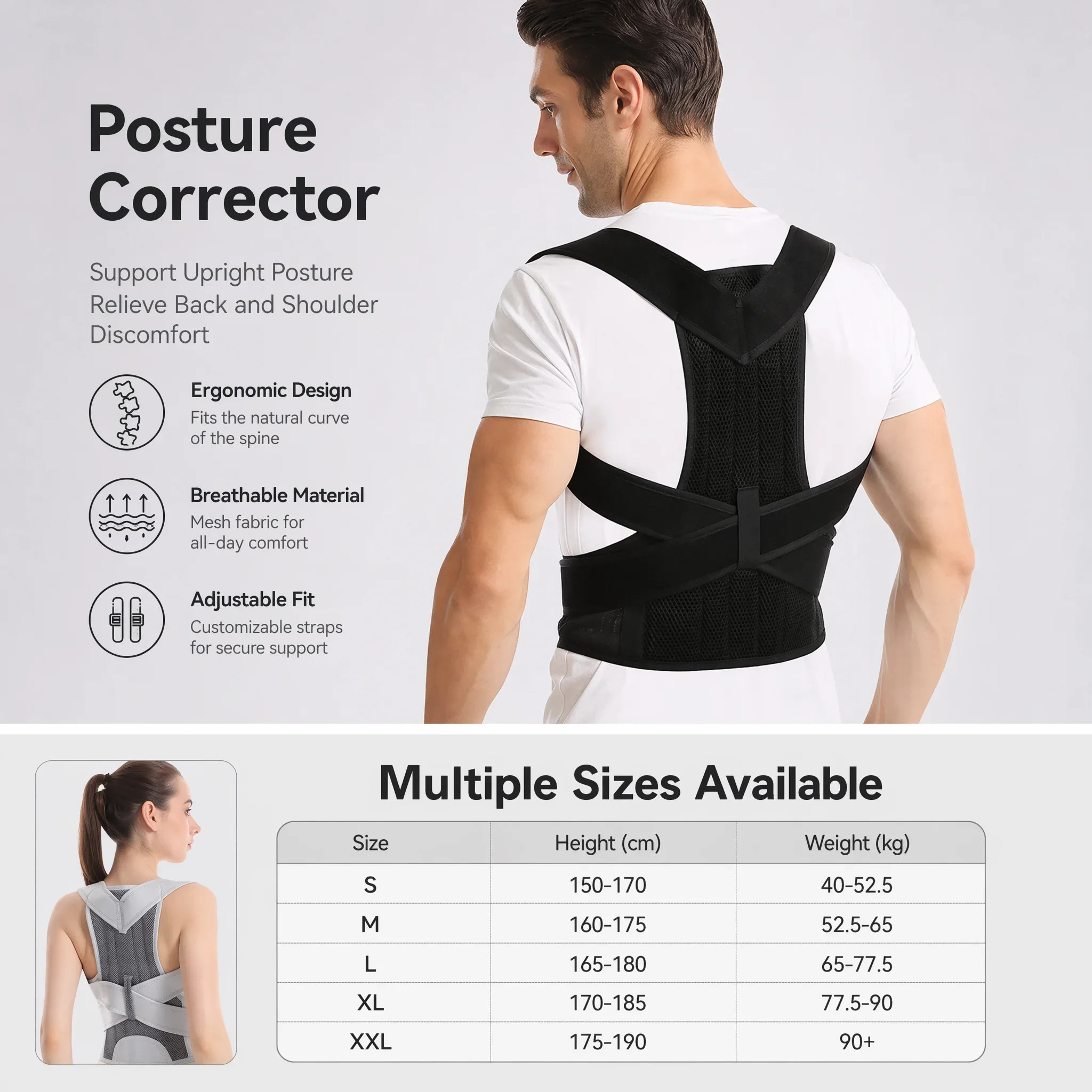 Adjustable Posture Corrector Back Support Brace for Men Women, Reinforced Lumbar Shoulder Spine Corrector Strap view 3