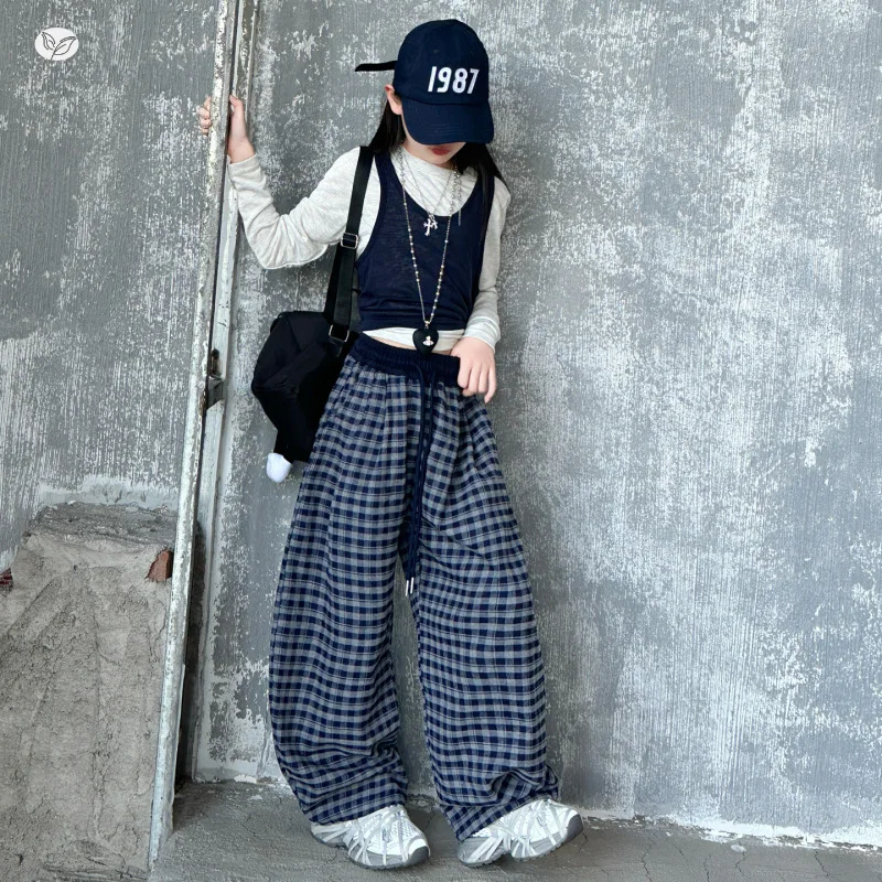 Vest Undershirt Set Plaid Wide-leg Pants Long Sleeves Grils Children Autumn New Spring Autumn Loose Casual Solid Korean