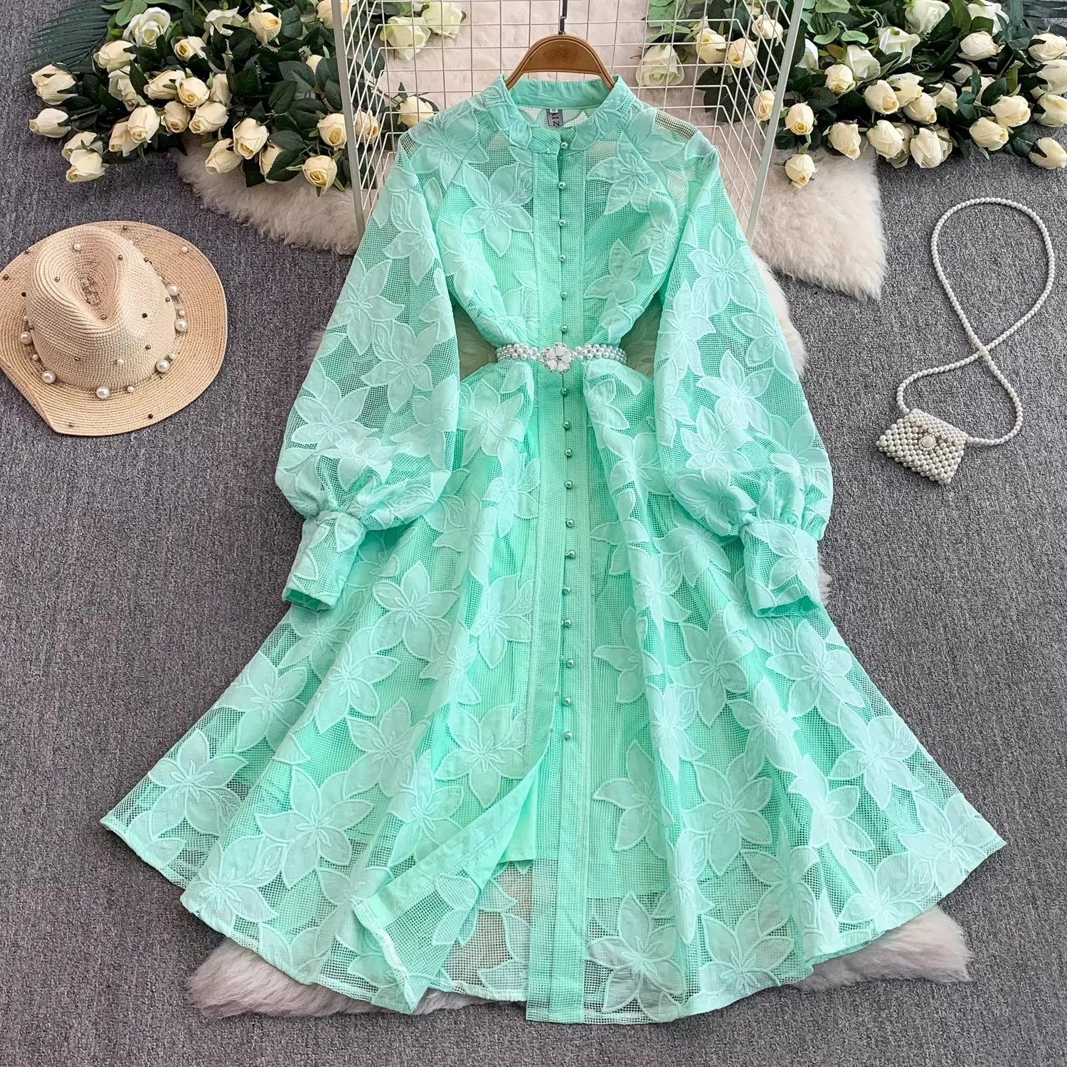 فستان نسائي خريفي عتيق مطرز أنيق بصدر واحد ميدي على شكل حرف A من الدانتيل فستان مكتب سيدة للحفلات الراقصة المسائية مع حزام