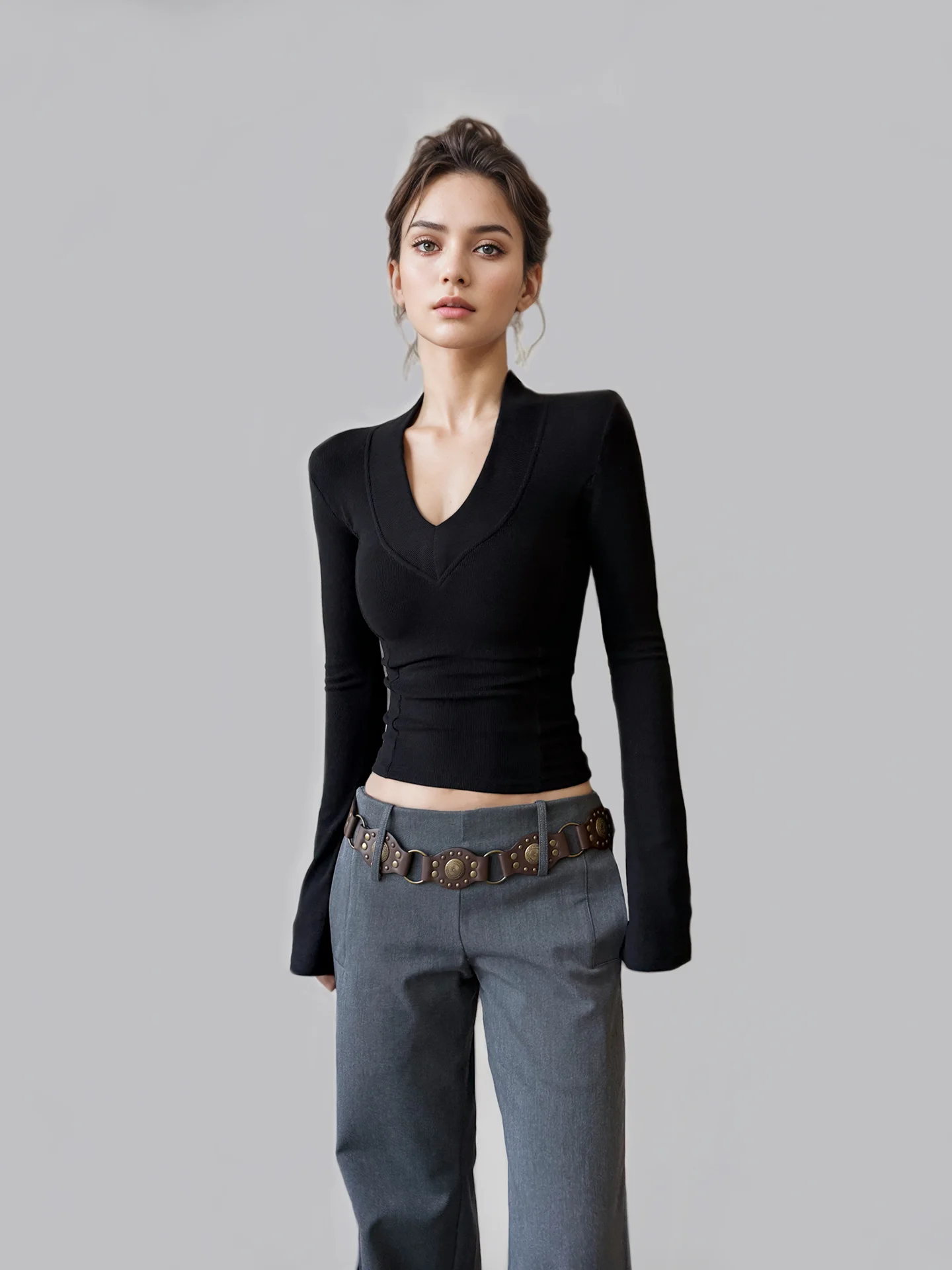 

ANGJIA Spring Faion V-Ne Bla Knitted Long Sve Bell Bot T-irt Women's Slimming Top Korean Sle Commute Wear