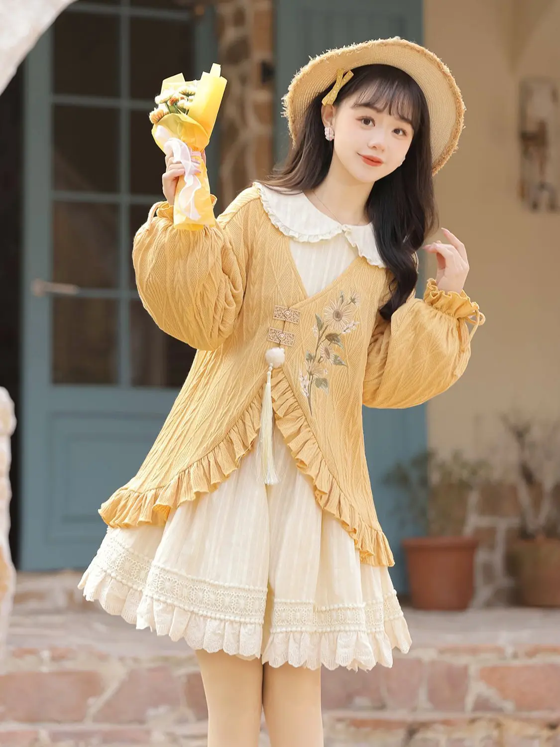 

Japan Sunflower Poetry Long-Sleeved Coat Doll Collar Dress Suit Spring And Autumn