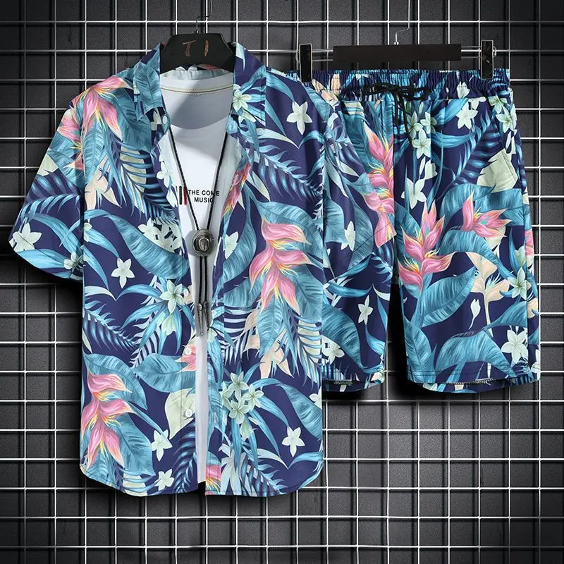 Conjunto de camisa y pantalones cortos de manga corta de Estilo Hawaiano para hombre, camisa informal de playa, pantalones cortos de calle al aire libre de verano