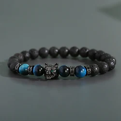 Black Lava Stone Wolf Charm Men's Bracelets Natural 8mm Frosted Beads Animals Bracelets Handmade Elastic Jewelry Pulseira