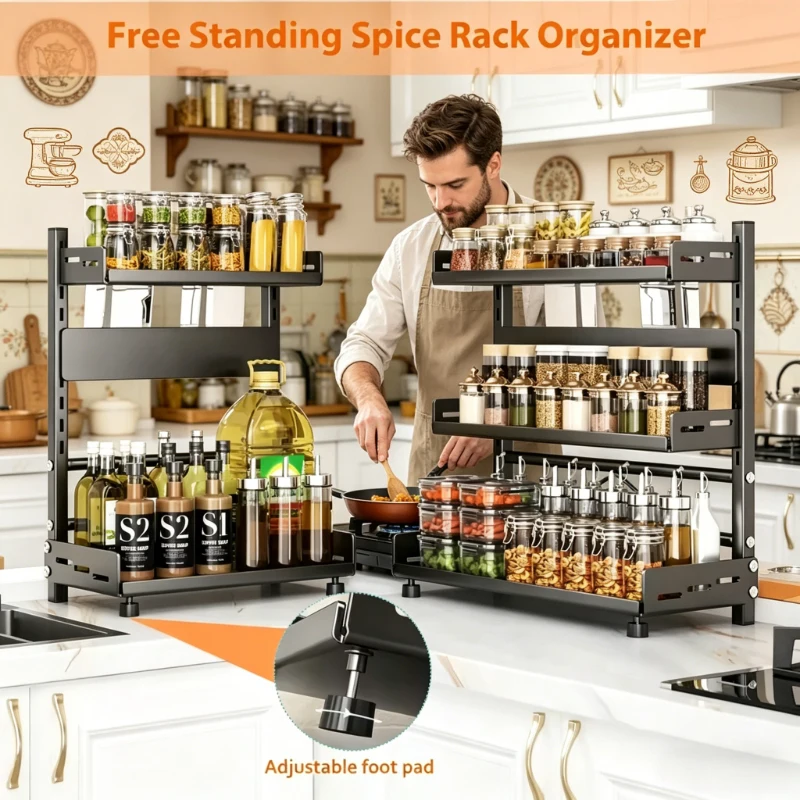 

3 Tier Black Metal Spice Rack Organizer Adjustable Kitchen Storage Shelf for Countertop Cabinet Spice Organization