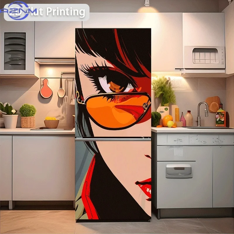 Refrigerator Sticker 60x180cm Close-up of a Woman Wearing Orange Glasses Themed Scene Wall Decal Self-Adhesive Wallpaper Suita