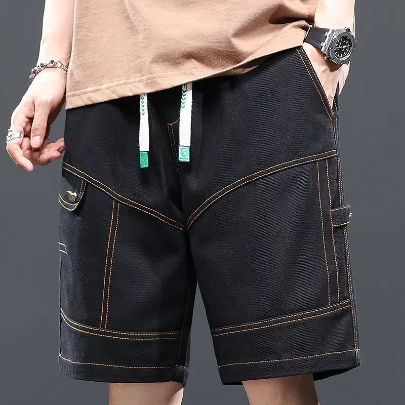 

Мужские шорты-карго с эластичной резинкой на талии и широкими мешковатыми бермудами, свободные короткие брюки для мужчин, однотонные, с несколькими карманами, длинные нейлоновые брюки
