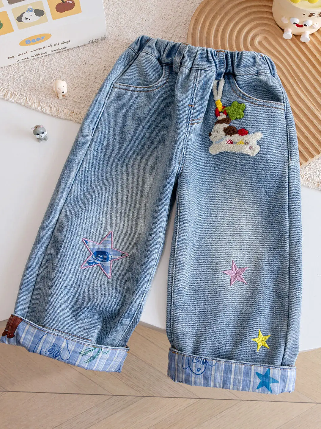 

Зимние джинсовые брюки для девочек с мультяшной вышивкой, на флисовой подкладке, в стиле пэчворк, в клетку, теплые длинные брюки, корейские хлопковые джинсы