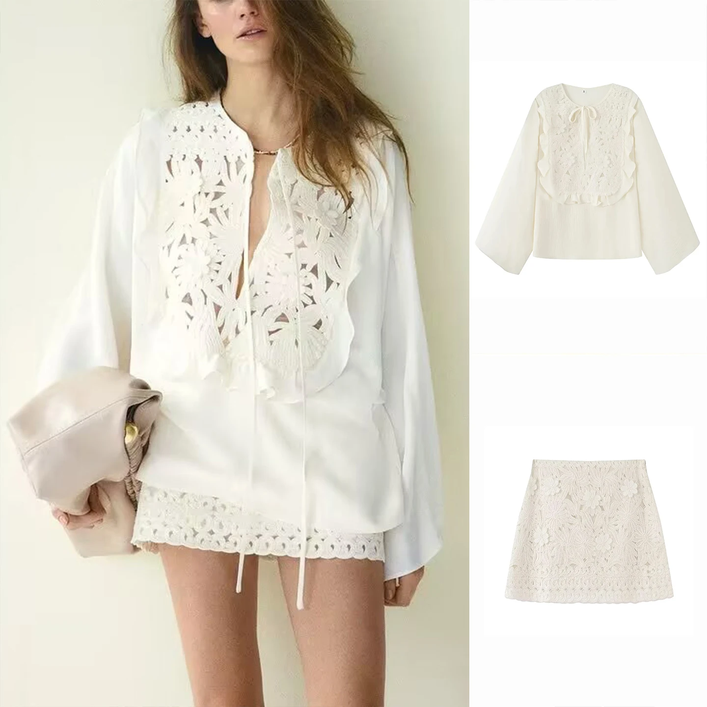 

Casual round Ne Tied Hollow out irt 282767 Tee Dimensional Floral Lady Sle Semi-Body ort Skirt 28567