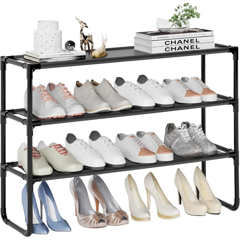 

Long Shoe Rack, 3-Tier Stackable Shoe Organizer for Closet, Entryway, Hallway, Extra Bottom Layer, Holds 16-20 Pairs, Sturdy & D