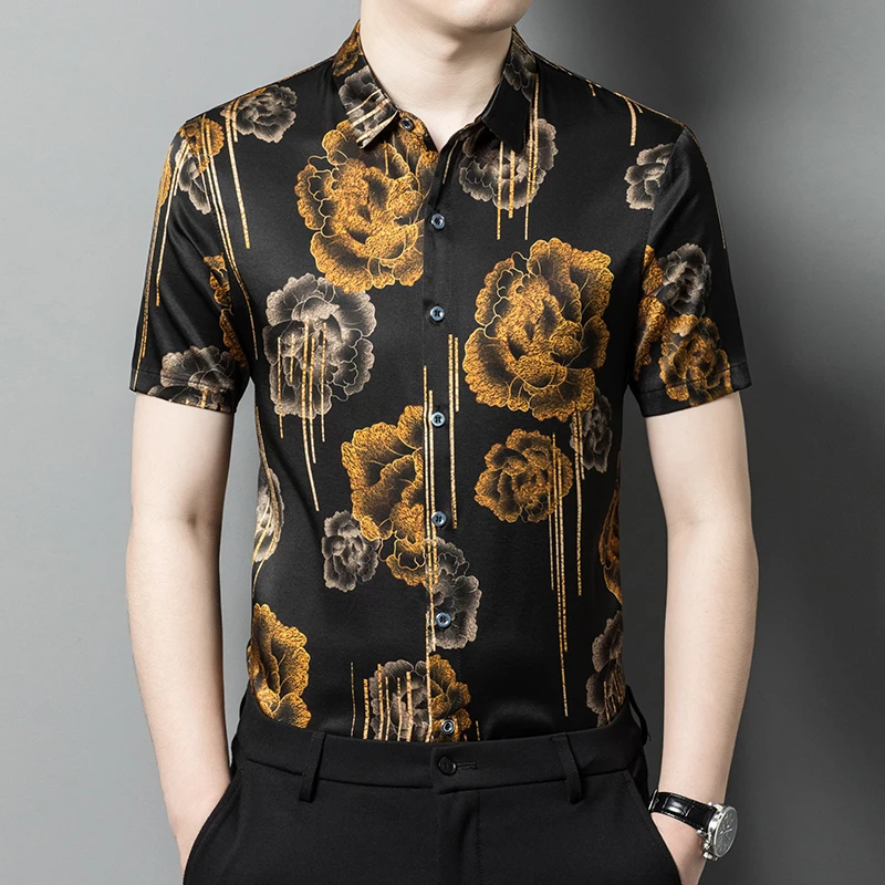 

Vintage Floral 3D Print Men Shirt Silk Luxury Short Sleeve Casual Summer Quality Silky Skin-Friendly Fashion Chemise Homme M-3XL