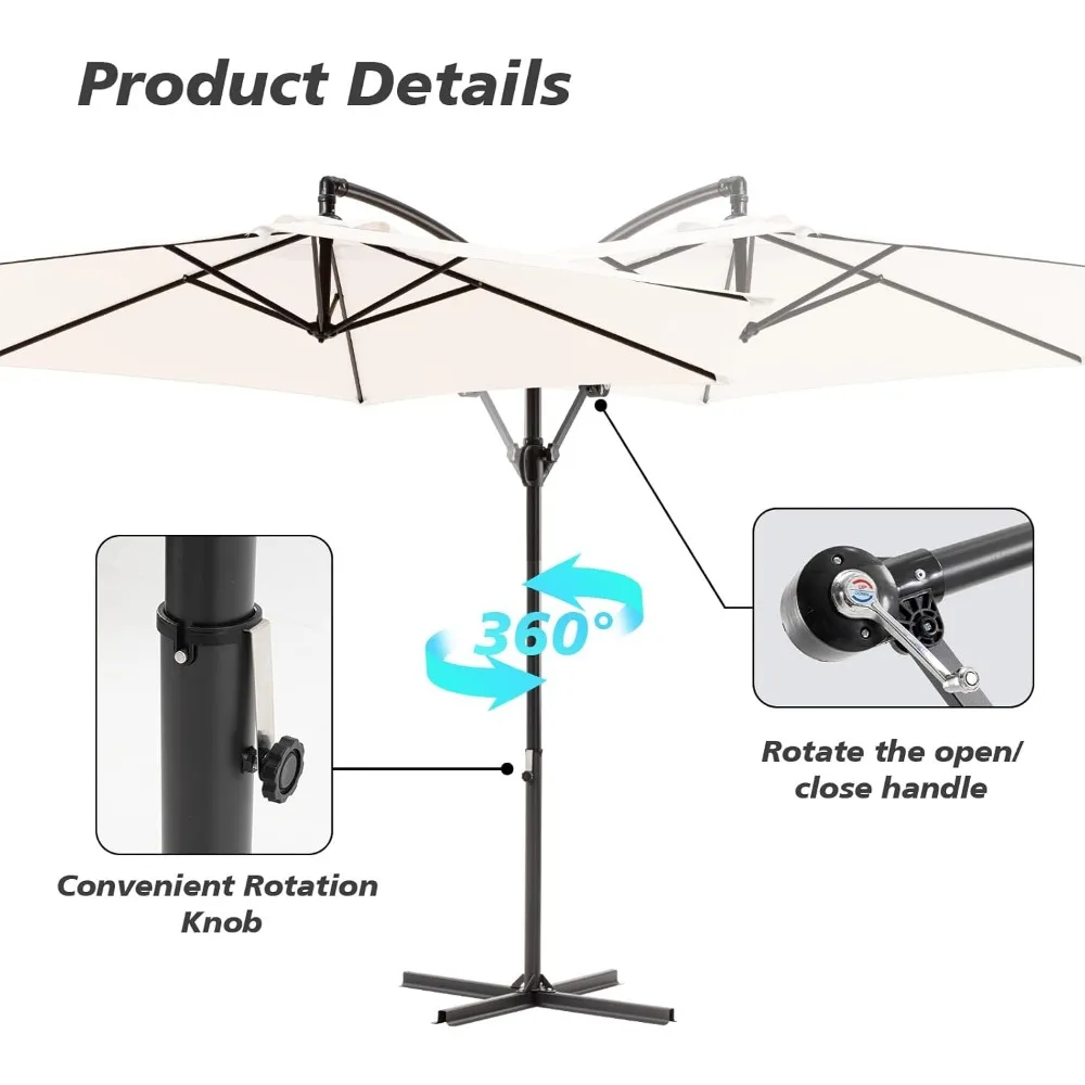 오프셋 파티오 우산, 360도 회전이 가능한 야외 우산, 편리한 크랭크가 있는 캔틸레버 파티오 야외, 방수 캐노피