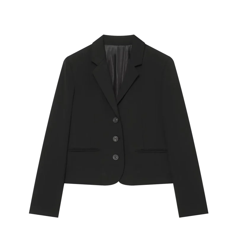 Elegant Women Short Cropped Suit Blazer Notched Collar Three Buttons Welt Pockets Long Sleeve Business Casual Outer Coat