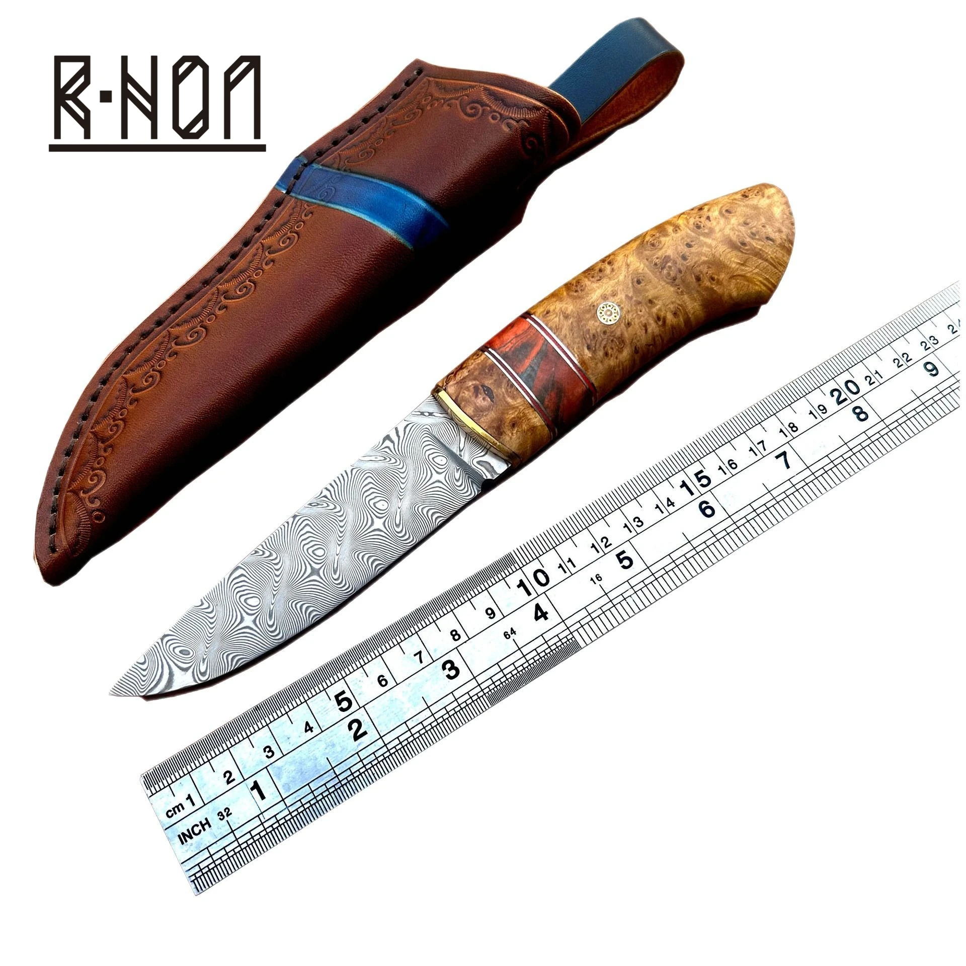 

RHON 3.85inch Damascus Steel Fixed Blade Knife Razor Sharp Outdoor Survial Hunting Camping Straight Knives with Wooden Handle
