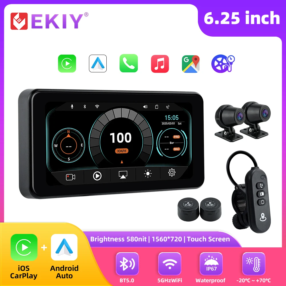 

EKIY 6.25-дюймовый мотоциклетный GPS-навигатор с Wi-Fi, водонепроницаемый, с поддержкой Apple CarPlay, портативный экран для мотоциклов, Android Auto