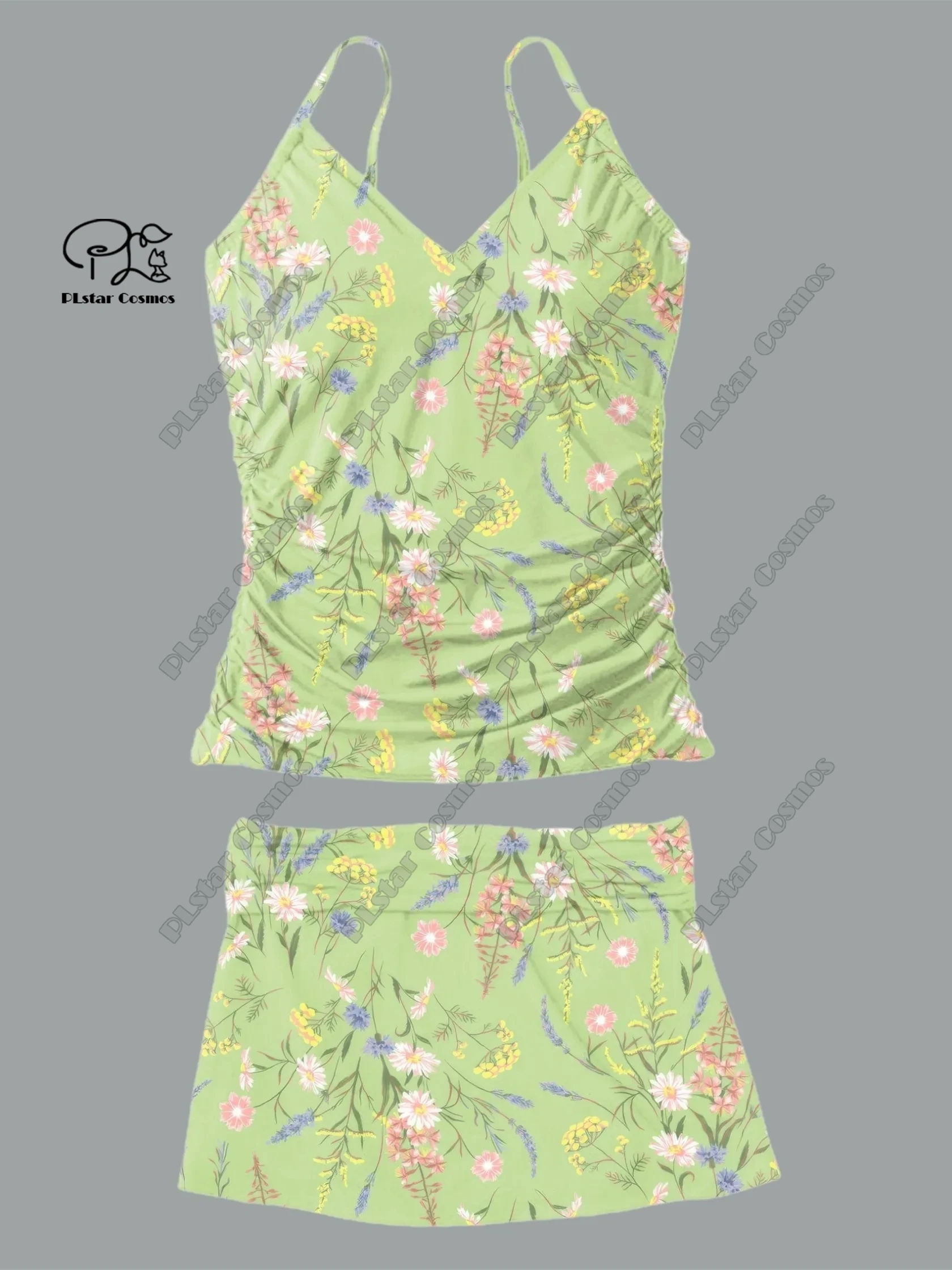 Maillot de bain deux pièces pour femmes, col en v, petit imprimé floral frais, jupe à bretelles, vacances, voyage, nouveau maillot de bain, été, Q-19