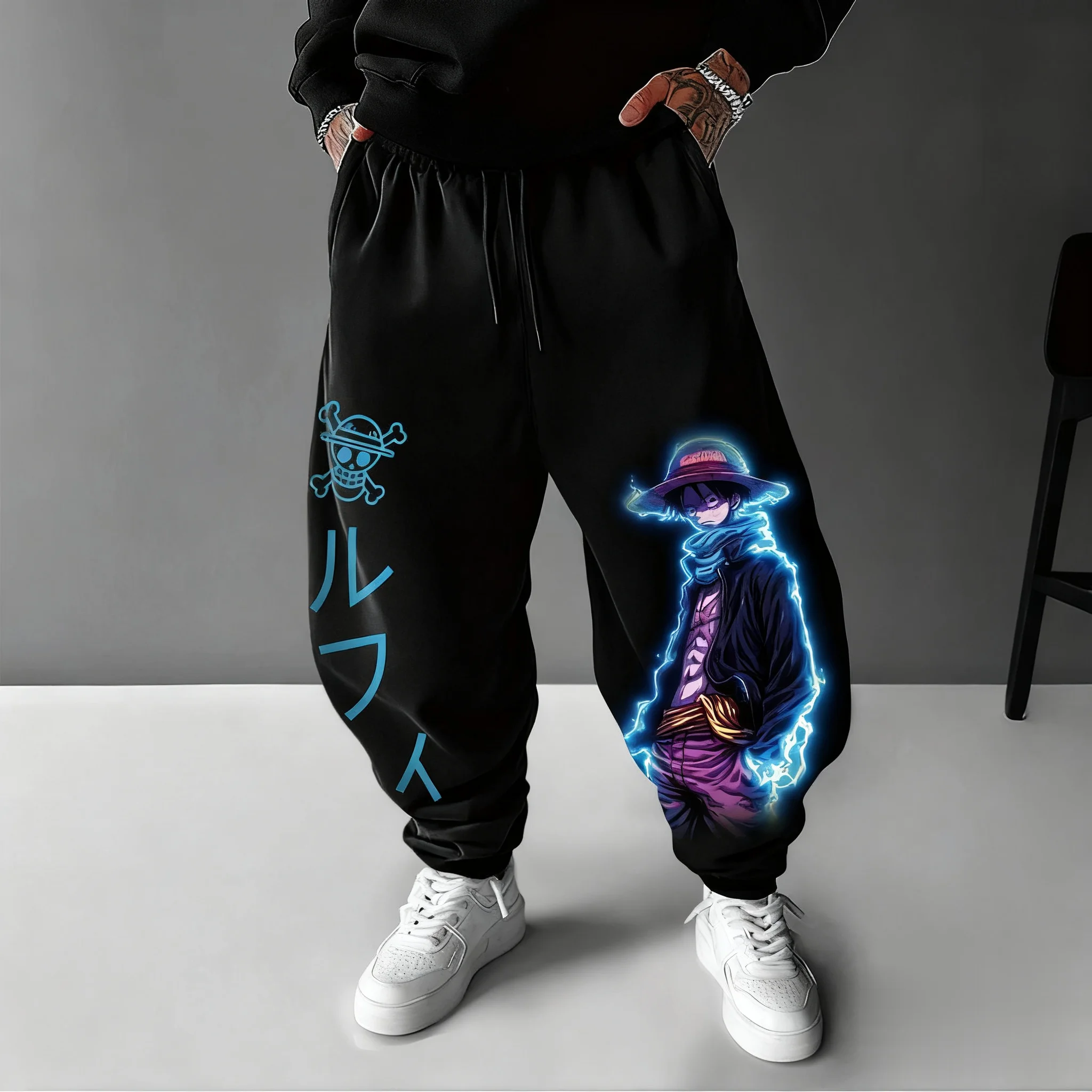Uma peça anime luffy joggers calças masculinas casuais streetwear dos desenhos animados impresso calças hiphop moda verão outono moletom y2k