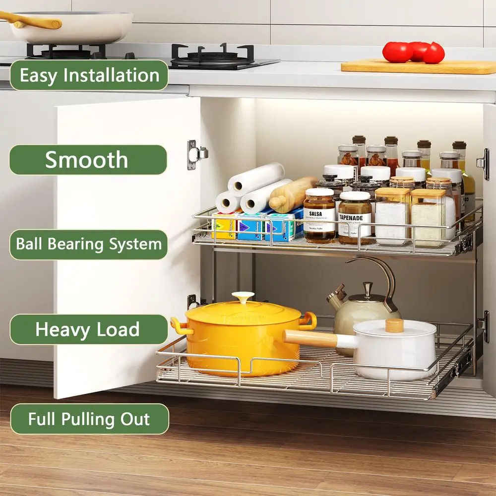 Tier Individual Pull Out Cabinet Organizer 30 W x 21 D, Heavy Duty Cabinet Pull Out Shelves, Slide Out Drawers Organization for