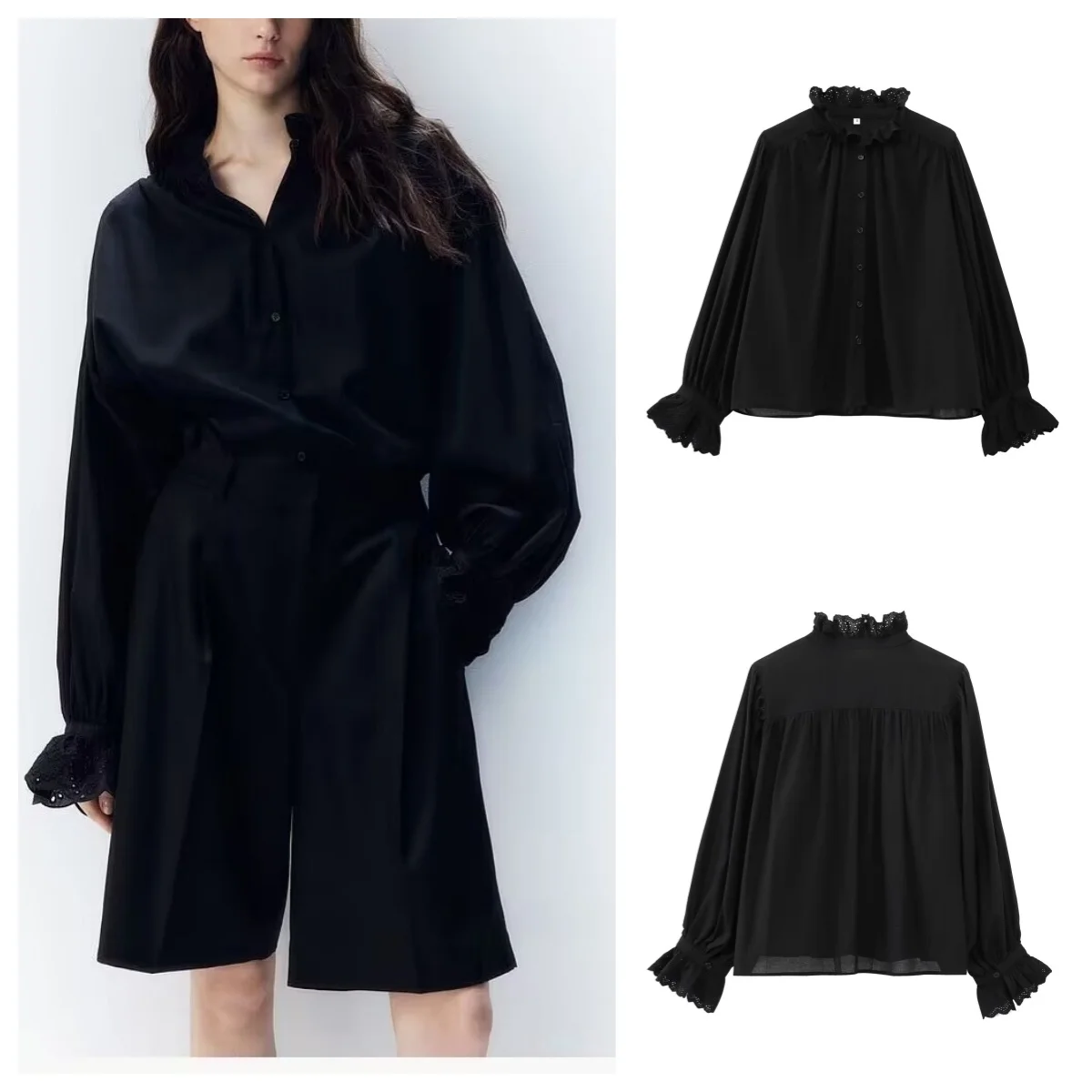

European and American style spring new style wood ear edge hollow embroidery long sleeve shirt female fashionable versatile casu