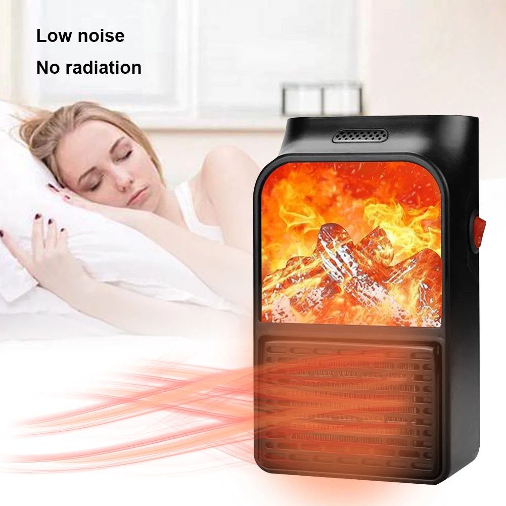 900W 3D Flame Mini Electric Stove Heater Household Fan Heater with Remote Plug in Wall Portable for Winter Home Bedroom