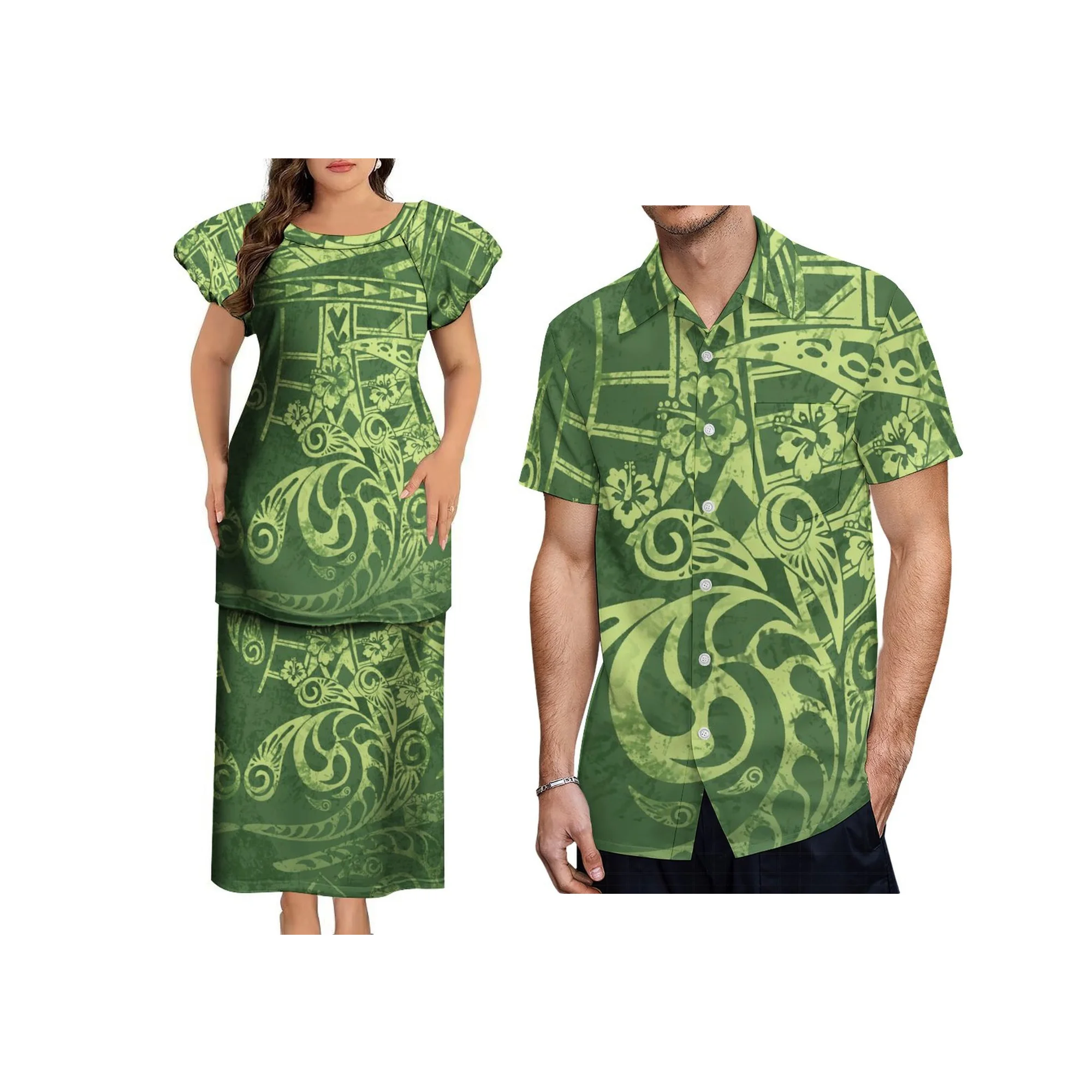 Private Personalized Custom Fashion Ladies Big Size Puff Sleeve Crew Neck Dress Polynesian Puletasi 2 Piece Outfits Sets Dress