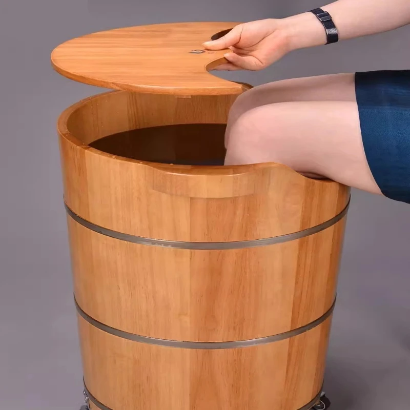 

‌Deep Wooden Foot Soak Tub with Wheels & Drain - Calf-Length Foot Spa for Home Use, Massage Foot Bath, Portable Soaking Bucket