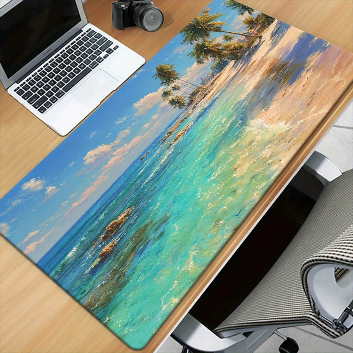 

1pc Non-Slip Rubber Base Mouse Pad - Tropical Beach with Clear Blue Water Design, Large Rectangular Desk Mat for Gaming