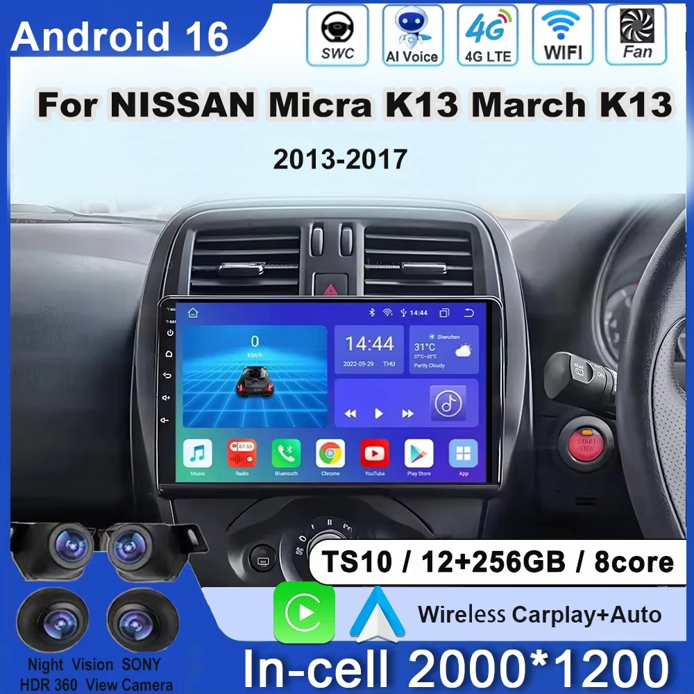 Rádio Automotivo Android 16 de 9 Polegadas para NISSAN Micra K13 March K13 2013-2017 com Carplay, Autoradio, Tela Automotiva, Sem DVD 2din, 4G WIFI
