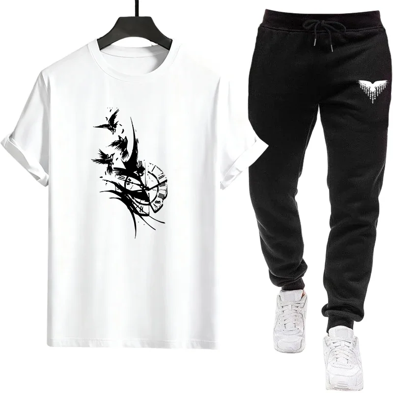 Urban Casual Fashion Tees Suit Spring Summer Comfort Cool Outfits Men's Tracksuit Crew Neck T-shirt and Black Sweatpants