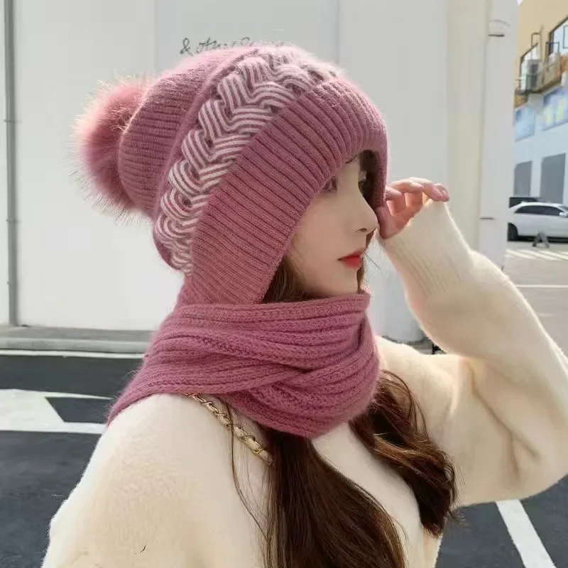 New Hat Scarf All-in-one Female Winter Warm Beanies Hat Scarf Set Rabbit Hair Blend Knitted Hat Scarf for Women Warm Lining Caps