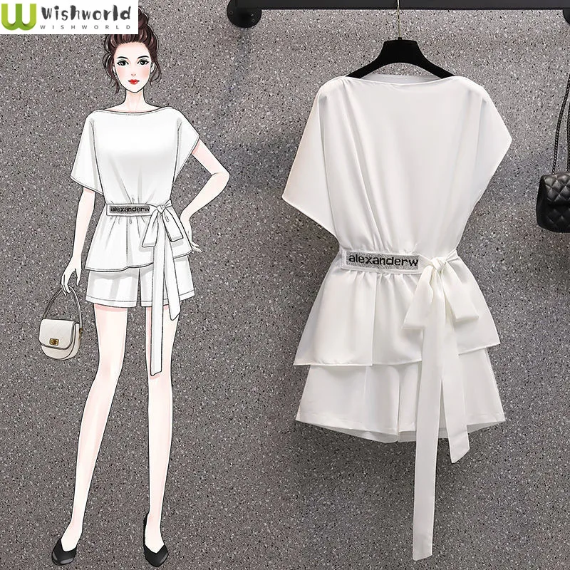 

2022 Korean Version Large Summer Clothes Fashion New Fat Sister Chiffon Chic Top Thin Shorts Two-piece Women's Suit