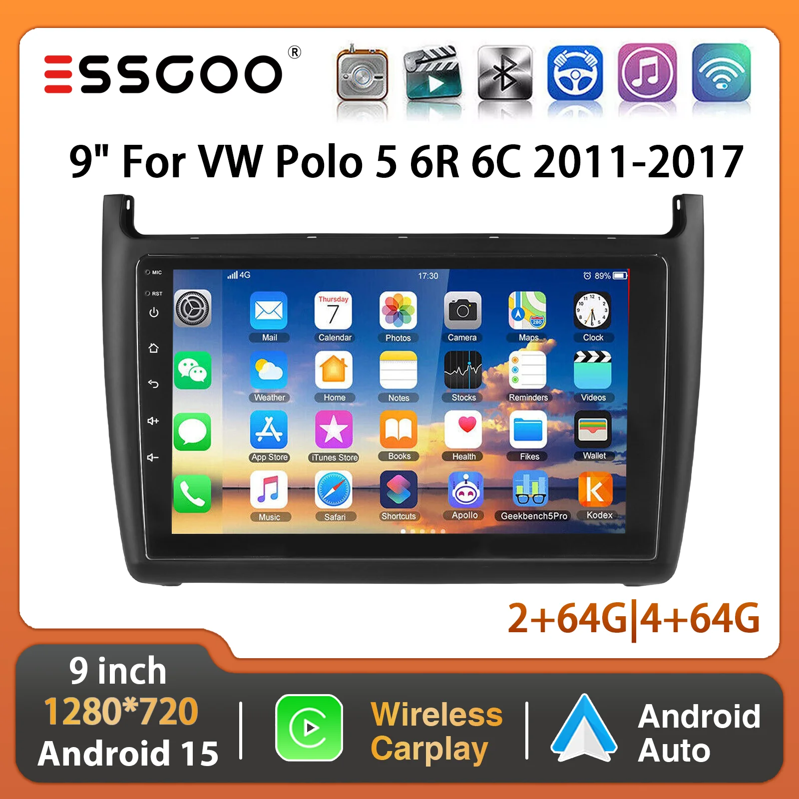 ESSGOO 9" 4+64G Android 15 Wireless Carplay für VW Polo MK5 6R 6C 11-16 Autoradio GPS NAVI WIFI RDS SWC BT FM Mirror Link