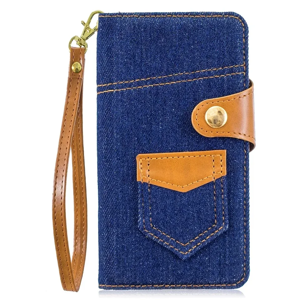 Denim Contrasting Leather Strap Phone Case for iPhone 16 Pro Max 15 14 13 12 11 XR Xs Max X 7 8 Plus Card Slot Stand Flip Cover