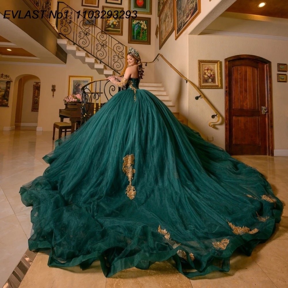 فستان Quinceanera أخضر مخصص للأميرة من EVLAST فستان حفلة مزين بالدانتيل الذهبي مطرز بالخرز الحلو 16 فيستدوس دي 15 أنوس E1QN726 #2