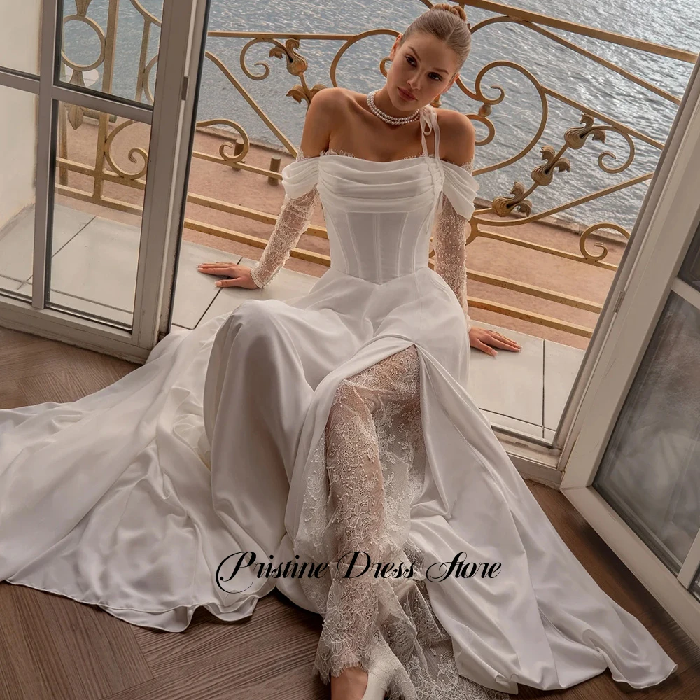 فستان زفاف شيفون ساحر بدون حمالات طيات مخصصة دانتيل قبالة الكتف فساتين الزفاف مع فتحة جانبية وقطار الاجتياح