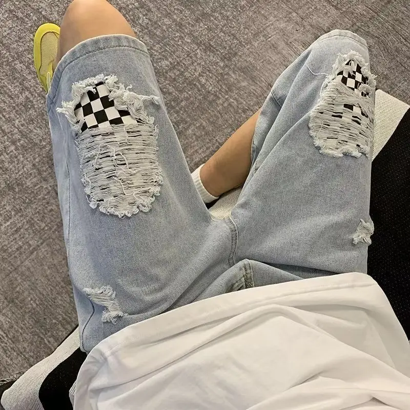 

Distressed Checkerboard Denim Shorts Men Summer Urban Streetwear Vintage Style Casual Trendy Outdoor Midi