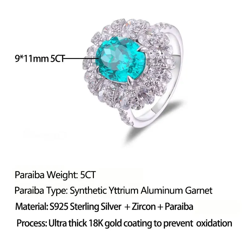 LinkerLove 5CT Oval Cut Paraiba Engagement Ring for Women 925 Sterling Silver White Gold Plated Halo Wedding Band Fine Jewelry