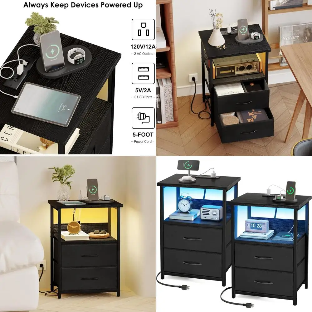 

Black 2-Piece Nightstand Set with Charging Station, LED Light and Fabric Drawers