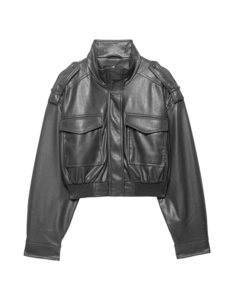 2025 feminino efeito de couro falso jaqueta curta vintage gola manga longa com alças bolsos casual streetwear