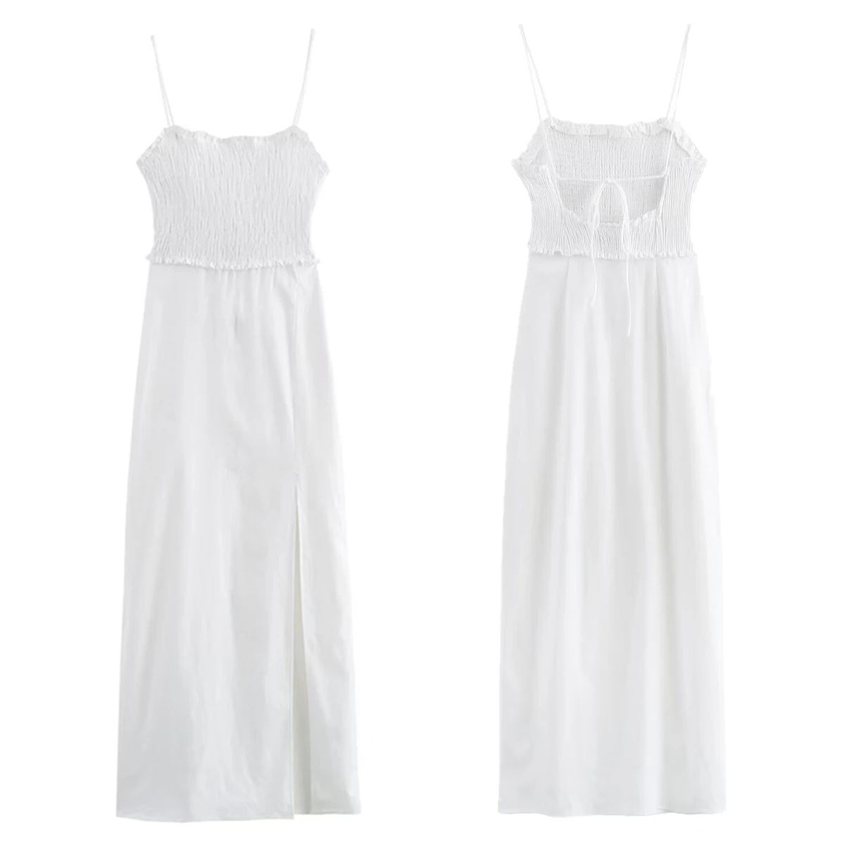 

Dave&Di 2024 Summer Midi Dress Vacation Style Faux Linen Slim Fit Suspender Dress Sexy Slit White Dress Women