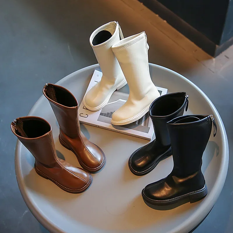 Child PU Boots for Girls 2023 Spring and Autumn New Princess Korean Style Casual High-top Knight Boots Classic Solid Color Kids