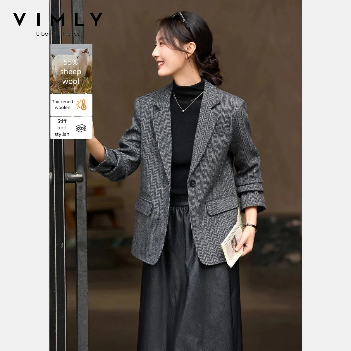 

VIMLY Women's Blazer 2025 Winter Wool Blend Lapel Collar Waist Cinching Slimming New Jackets Elegant Thick Women's Coat A2869