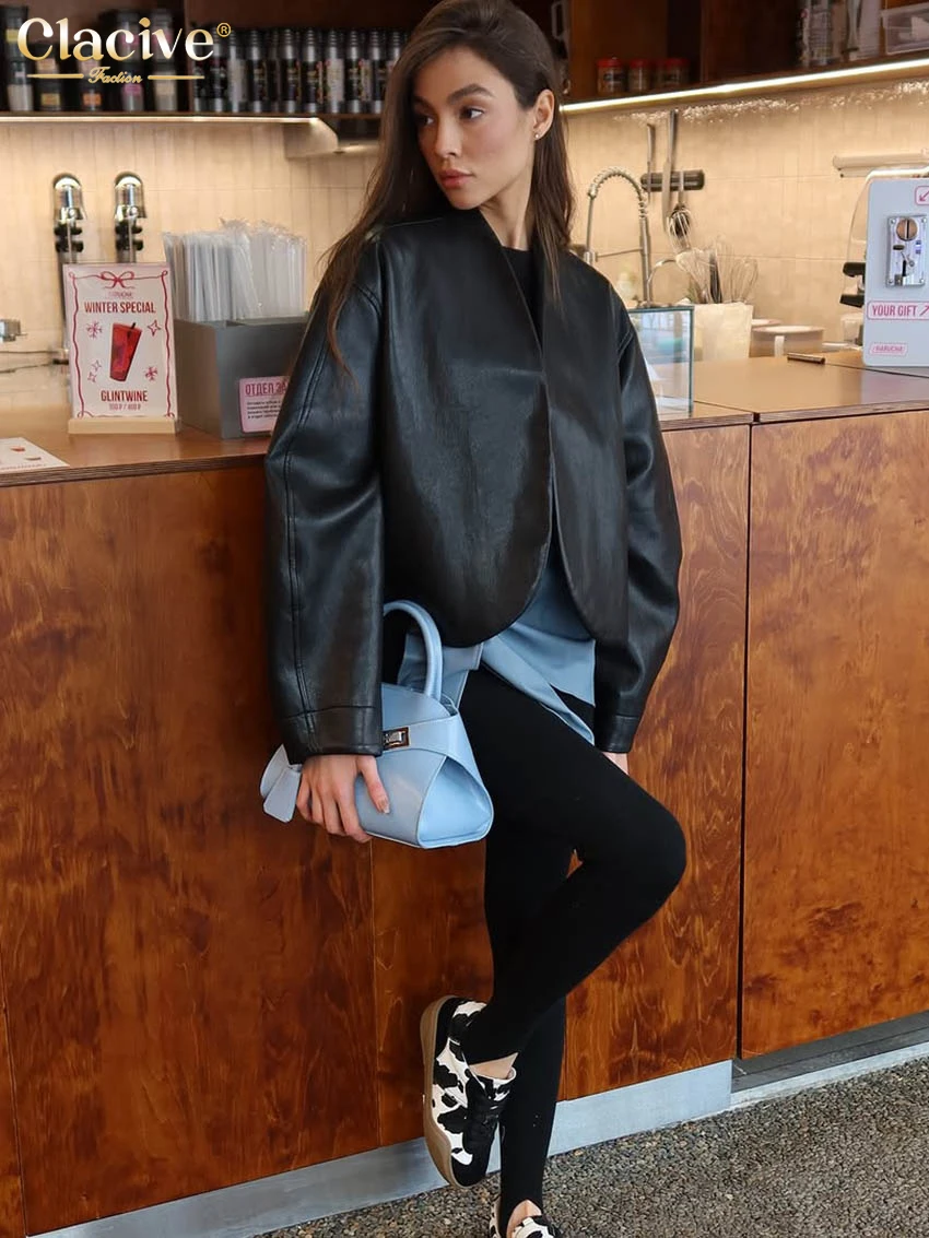 Elegant Black PU Leather Women's Winter Coat - V-Neck Design