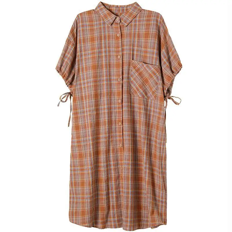 Women Summer Cotton Casual Short Sleeve Long Shirt Dress Dress New 2022 Vintage Style Laple Plaid Loose Ladies Elegant  Dresses