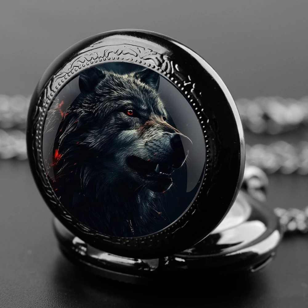 Grey Wolf Head Design Glass Dome Quartz Pocket Watch With Durable Chain Arabic Numeral Dial Creative Gifts for Men Women