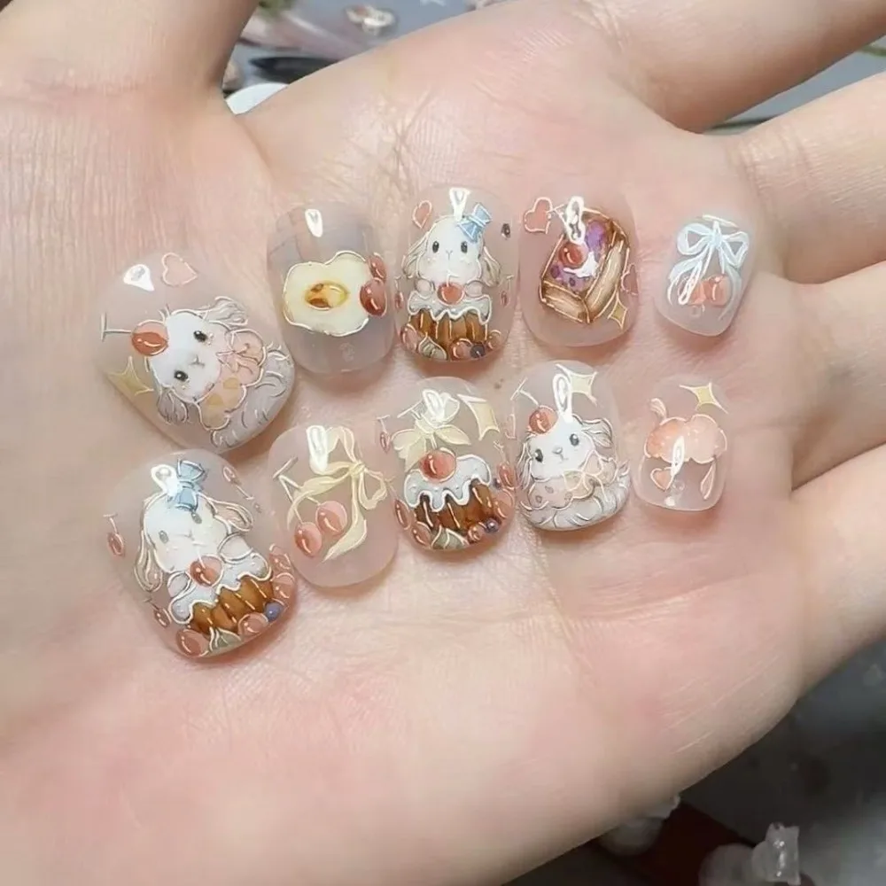 10 stuks zoete schattige lange oren konijn handgemaakte pers op nagels middag thee taart cherry boog kunst valse nagels verwijderbare herbruikbare
