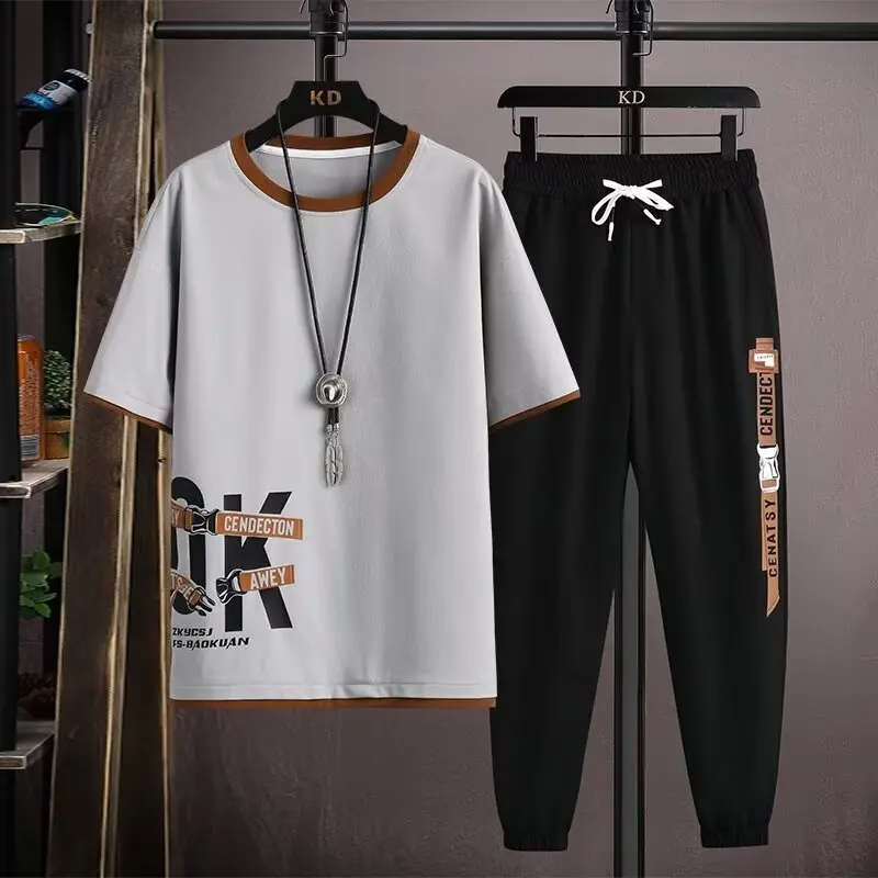 Mens Joggers Set Korean Fashion Outfit Suits Print T-shirt Multi-pocket Cargo Pants 2 Piece Set Summer Mne Clothing 2024 New