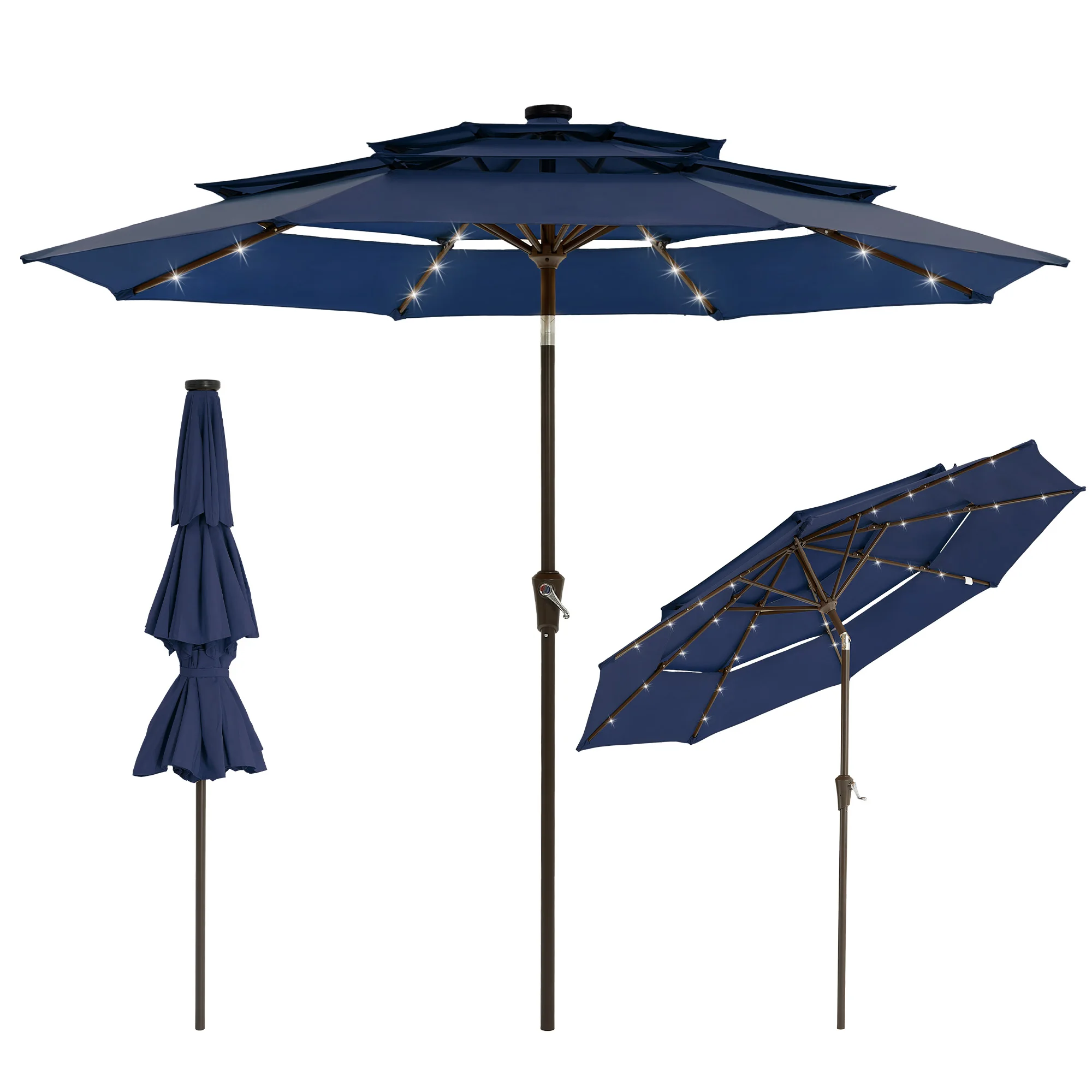 9ft Solar Patio Market Umbrella with 24 LED Lights - 3-Tier Vented Canopy - Crank Lift, Tilt & Adjustable Height, 8-Rib for Garden, Deck, Backyard, Pool
