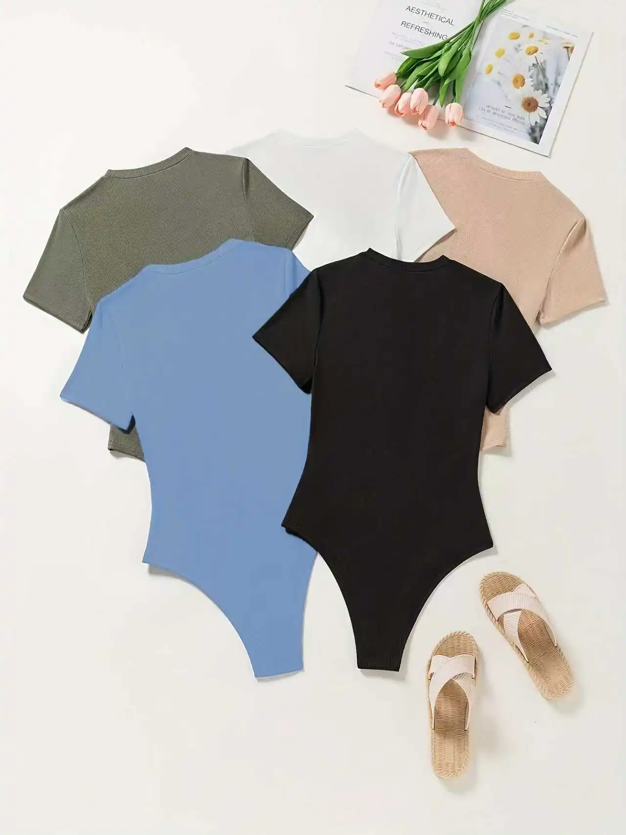 Damen Sommer Rundhals Einfarbiges Lässiges Enganliegendes Oberteil Set aus Fünf Teilen – Detail 2