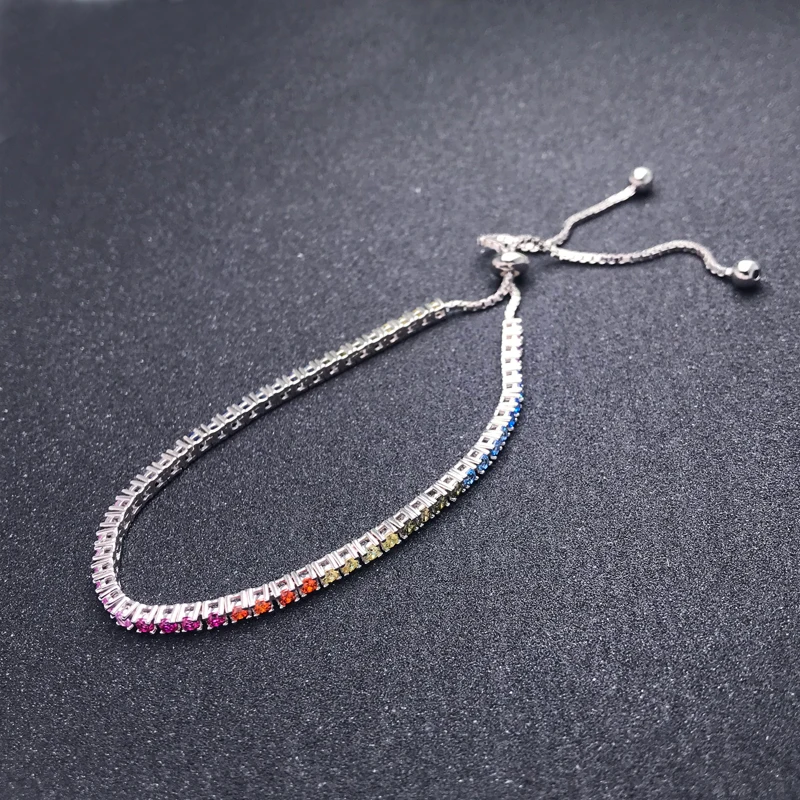 CSJ 2mm Tennis Chain 925 Sterling Silver Cluster Rainbow CZ Ziron Pulseras Pulseira Bracelet Adjustable for Women Jewelry Gift